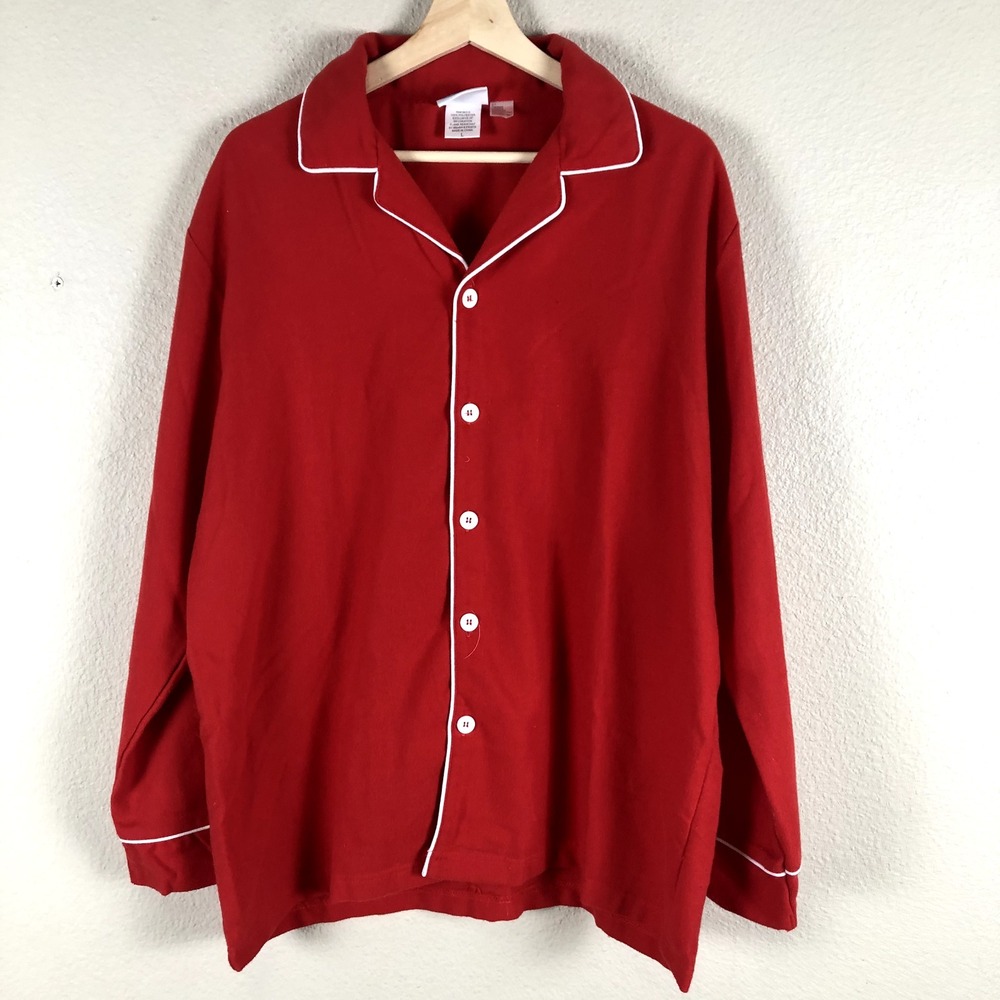 Saras Prints Relaxed Pajamas Set Womens Large Red White Trim Shirt Bottoms Comfy